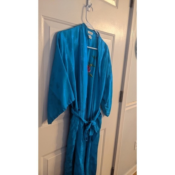 Vintage Golden Bee Asian Turquoise Robe with Belt, Rayon, Small - Picture 4 of 8